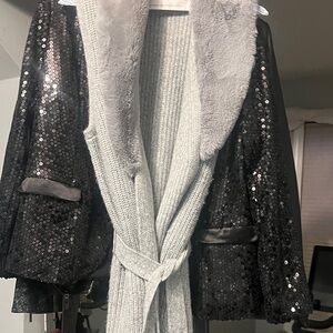 Black Sequin Jacket with Gray Fur Collar